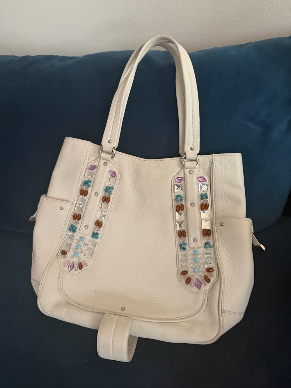 Cole Haan White Leather Sydney bag with gems and turquoise